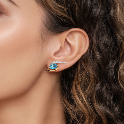 14K White and Yellow Gold Diamond and Pear Blue Topaz Bypass Stud Earrings