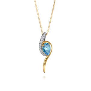 14K White and Yellow Gold Diamond and Pear Shape Blue Topaz Bypass Pendant Necklace