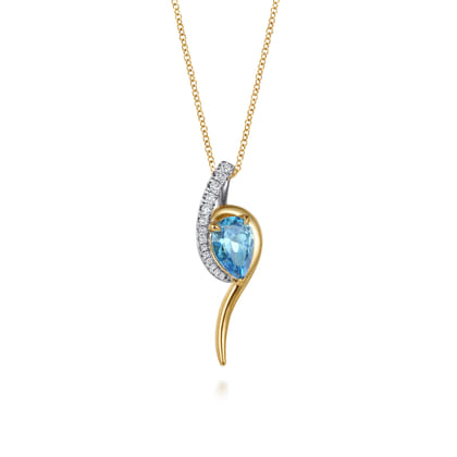 14K White and Yellow Gold Diamond and Pear Shape Blue Topaz Bypass Pendant Necklace