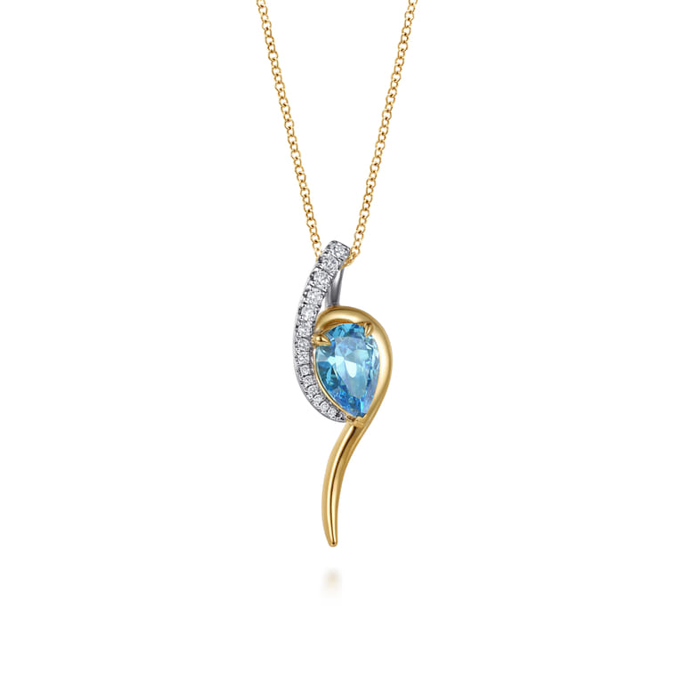 14K White and Yellow Gold Diamond and Pear Shape Blue Topaz Bypass Pendant Necklace - 0.16 ct - Shot 1