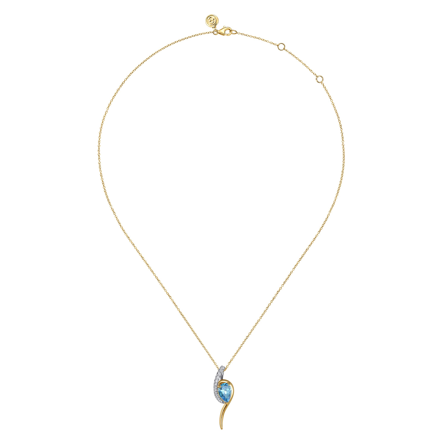14K White and Yellow Gold Diamond and Pear Shape Blue Topaz Bypass Pendant Necklace