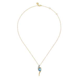 14K White and Yellow Gold Diamond and Pear Shape Blue Topaz Bypass Pendant Necklace