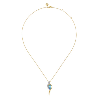 14K White and Yellow Gold Diamond and Pear Shape Blue Topaz Bypass Pendant Necklace
