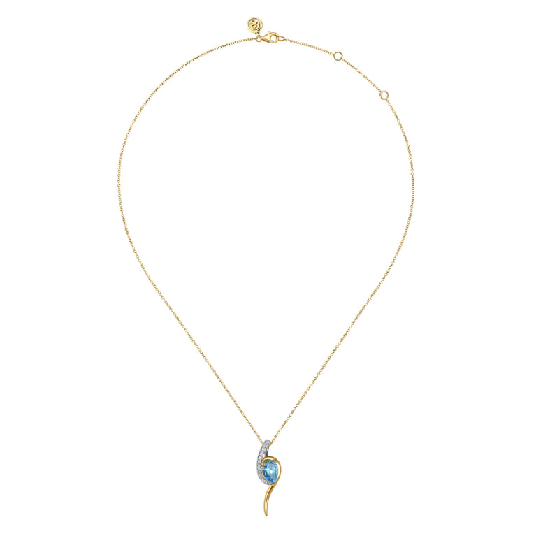 14K White and Yellow Gold Diamond and Pear Shape Blue Topaz Bypass Pendant Necklace - 0.16 ct - Shot 2