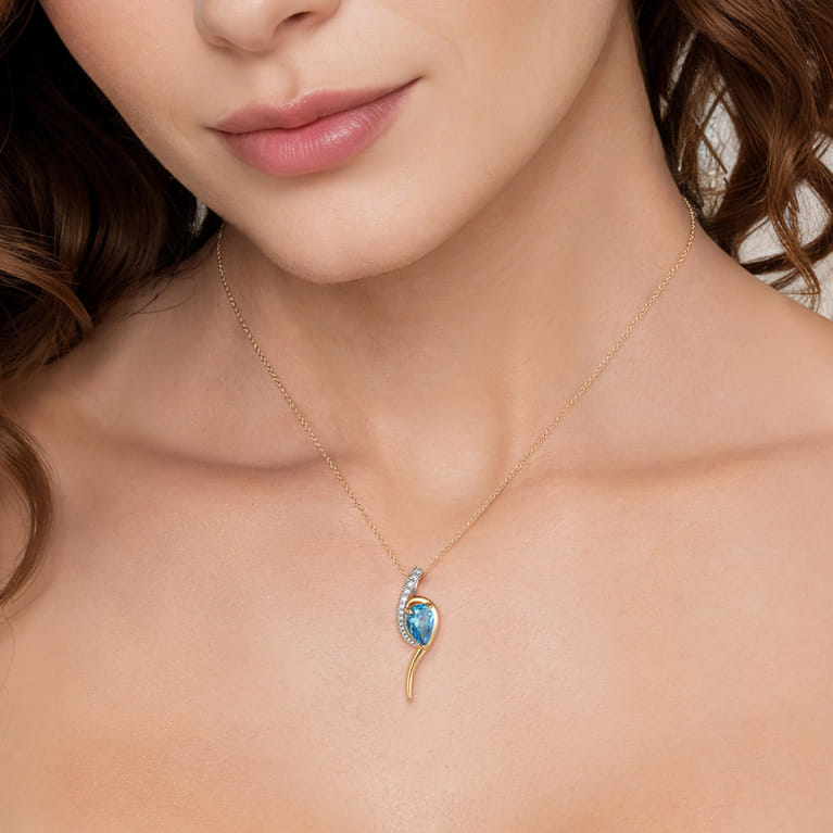 14K White and Yellow Gold Diamond and Pear Shape Blue Topaz Bypass Pendant Necklace - 0.16 ct - Shot 3