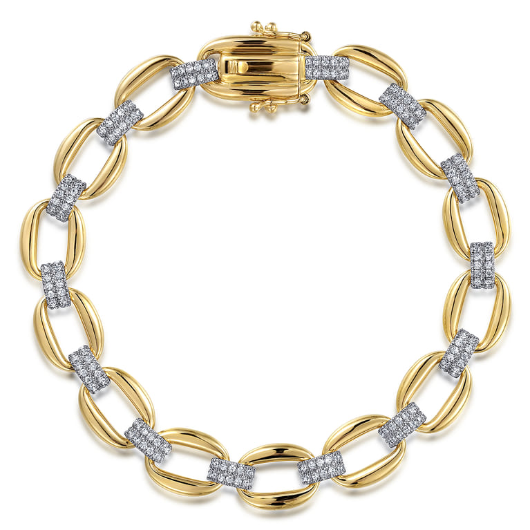 14K White and Yellow Gold Flat Link Chain Bracelet with Diamond Pave Connectors - 0.95 ct - Shot 1