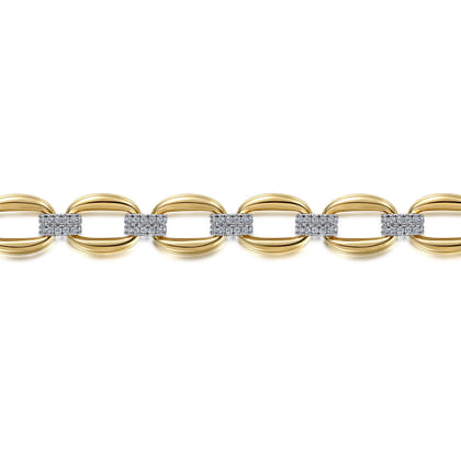 14K White and Yellow Gold Flat Link Chain Bracelet with Diamond Pave Connectors