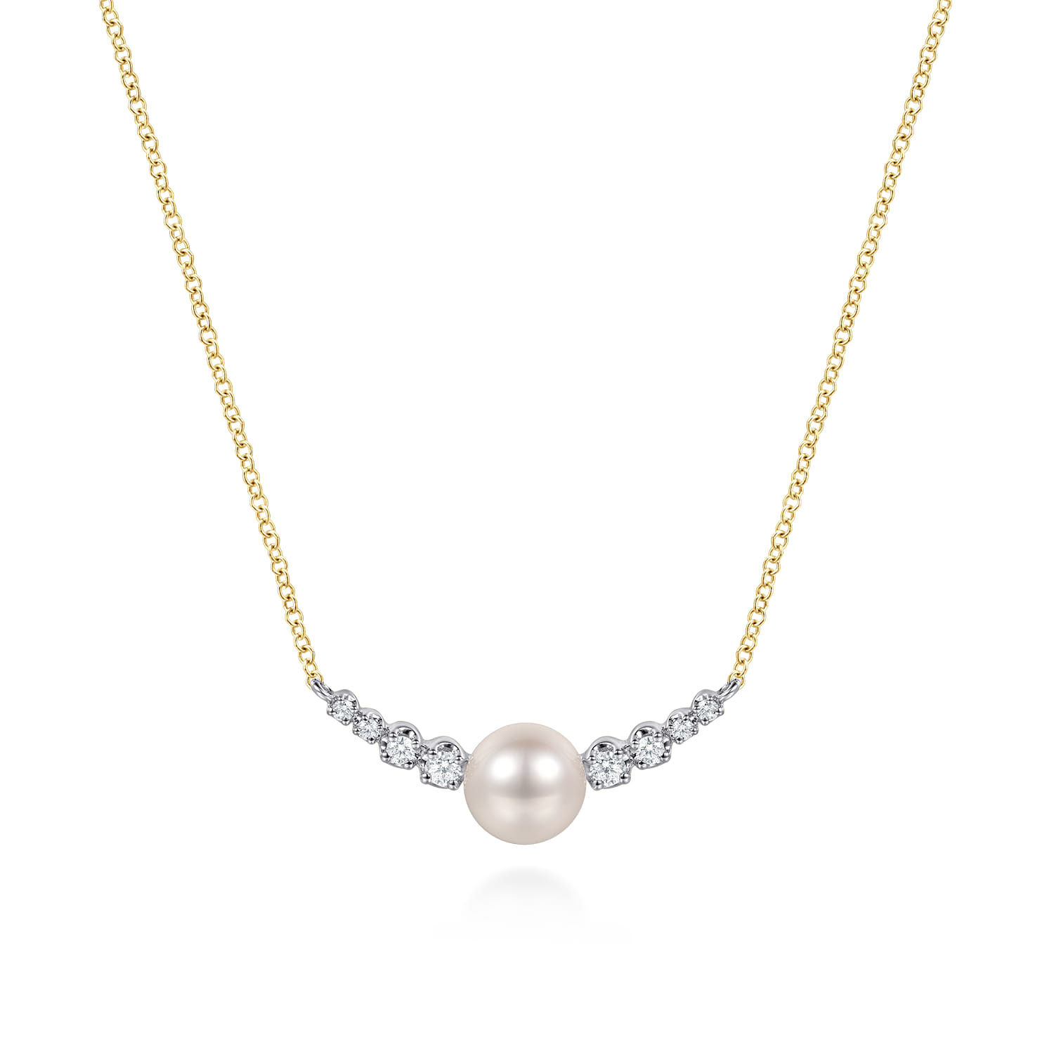 14K White and Yellow Gold Graduating Diamond and Pearl Bar Necklace - 0.17 ct - Shot 1