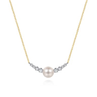 14K White and Yellow Gold Graduating Diamond and Pearl Bar Necklace