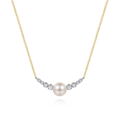 14K White and Yellow Gold Graduating Diamond and Pearl Bar Necklace