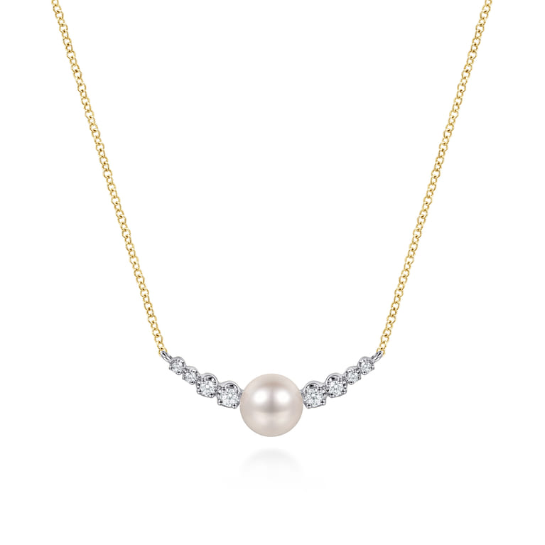 14K White and Yellow Gold Graduating Diamond and Pearl Bar Necklace - 0.17 ct - Shot 1