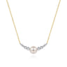 14K White and Yellow Gold Graduating Diamond and Pearl Bar Necklace - 0.17 ct