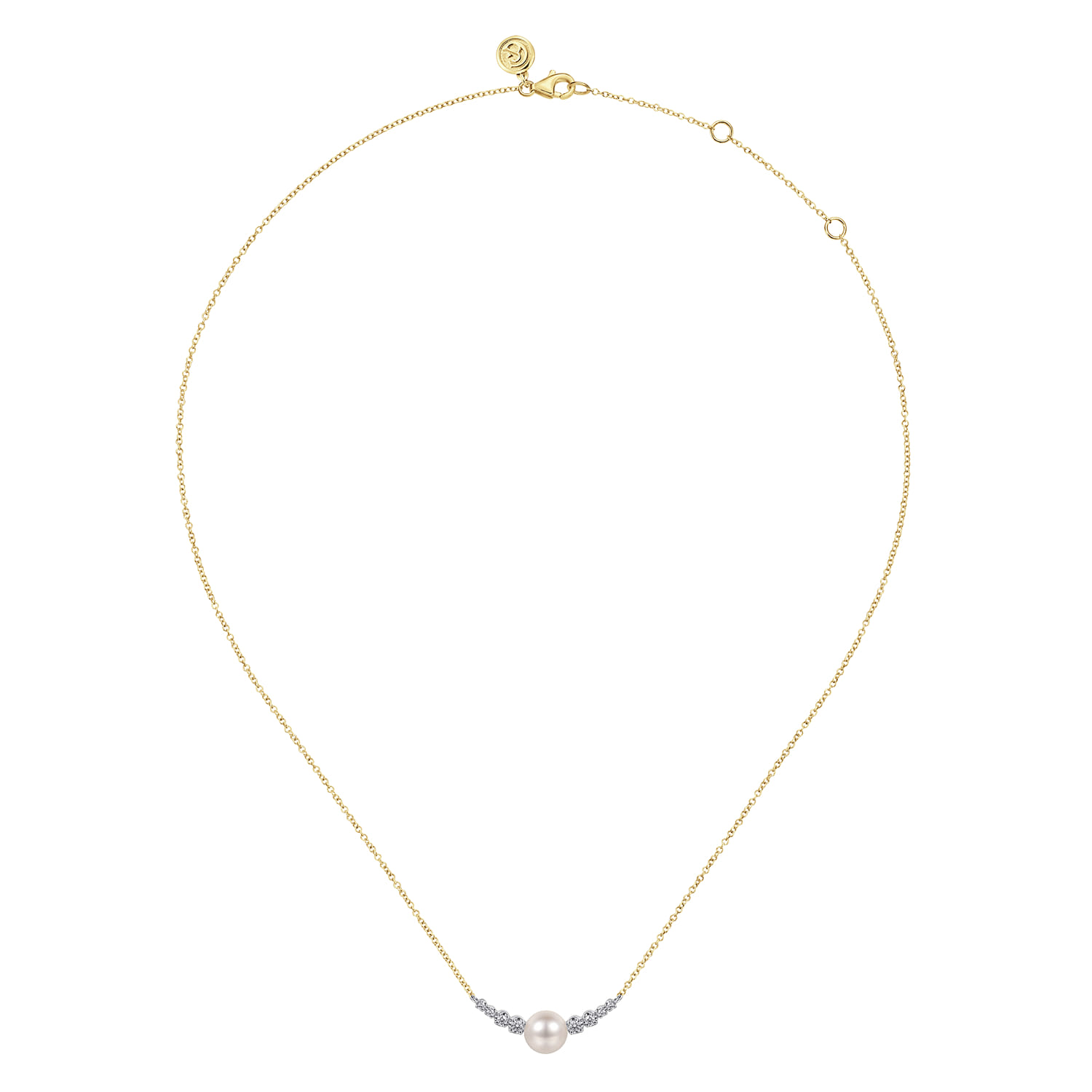 14K White and Yellow Gold Graduating Diamond and Pearl Bar Necklace - 0.17 ct - Shot 2