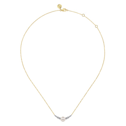 14K White and Yellow Gold Graduating Diamond and Pearl Bar Necklace