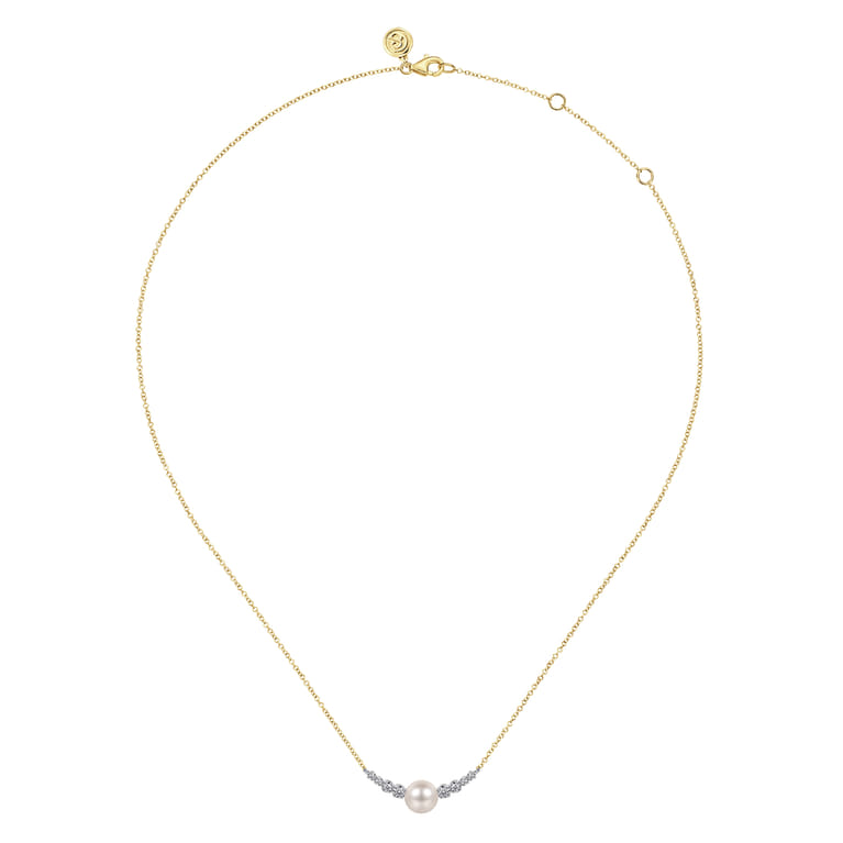 14K White and Yellow Gold Graduating Diamond and Pearl Bar Necklace - 0.17 ct - Shot 2