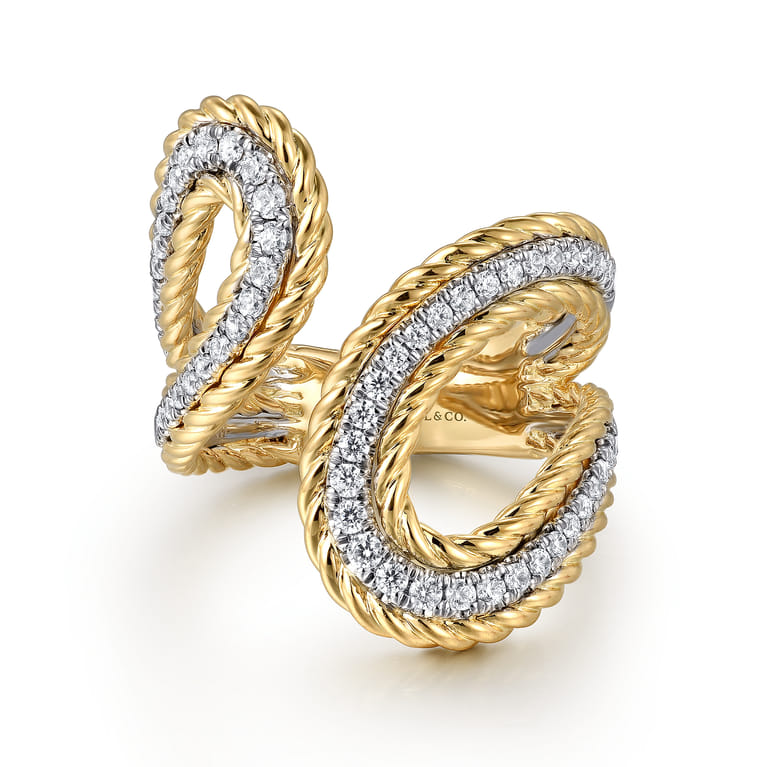 14K White and Yellow Gold Rope Diamond Bypass Ladies Ring - 0.45 ct - Shot 1