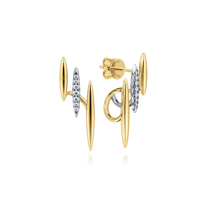 14K White and Yellow Gold Three Bar Diamond Stud Earrings