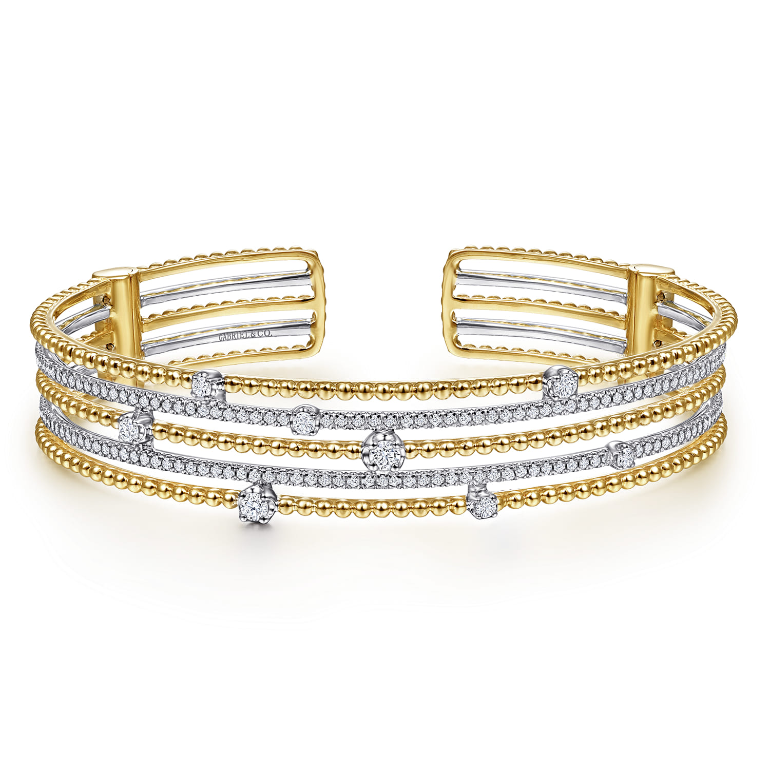 14K White and Yellow Gold Wide Multi Row Diamond Cuff Bracelet - Shot 1