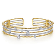 14K White and Yellow Gold Wide Multi Row Diamond Cuff Bracelet