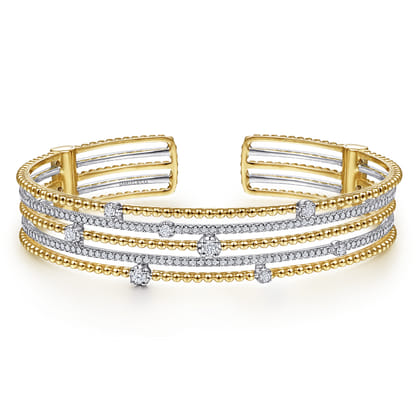 14K White and Yellow Gold Wide Multi Row Diamond Cuff Bracelet