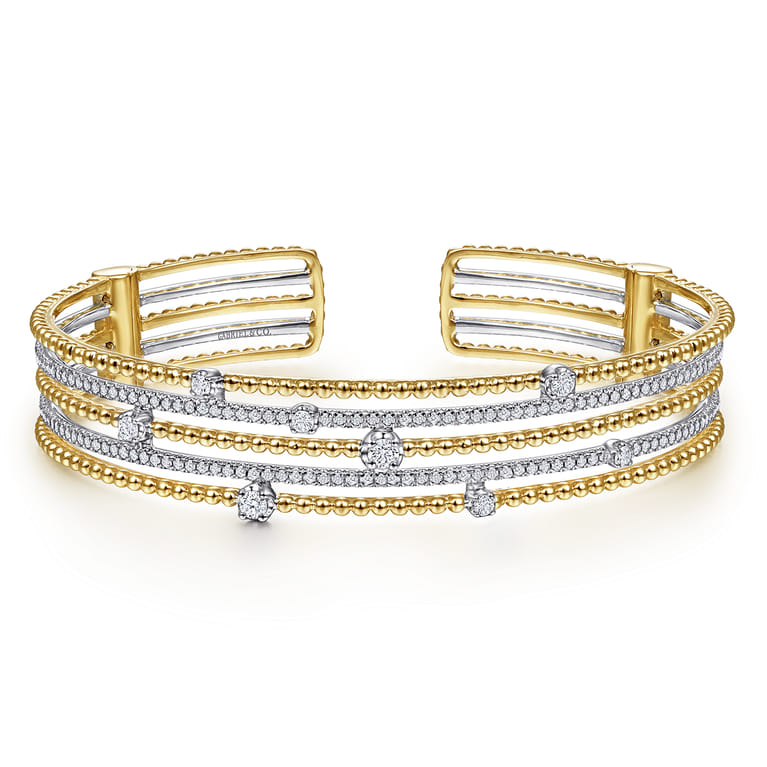 14K White and Yellow Gold Wide Multi Row Diamond Cuff Bracelet - Shot 1
