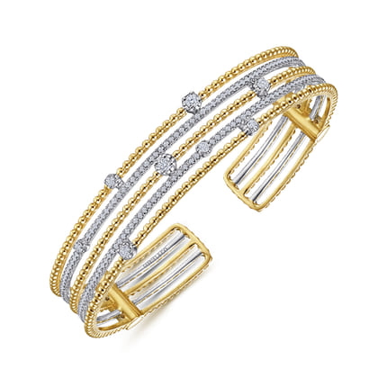 14K White and Yellow Gold Wide Multi Row Diamond Cuff Bracelet