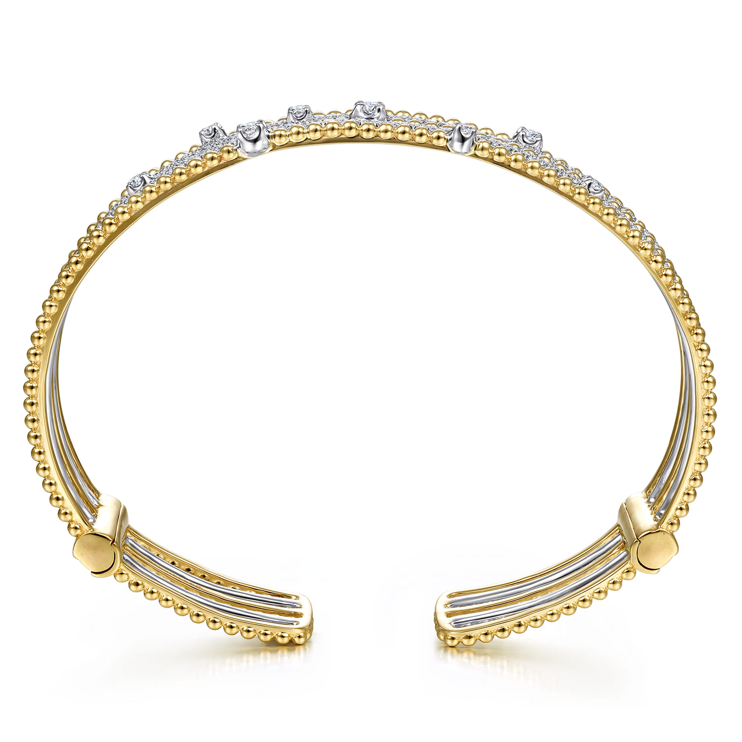 14K White and Yellow Gold Wide Multi Row Diamond Cuff Bracelet - Shot 3