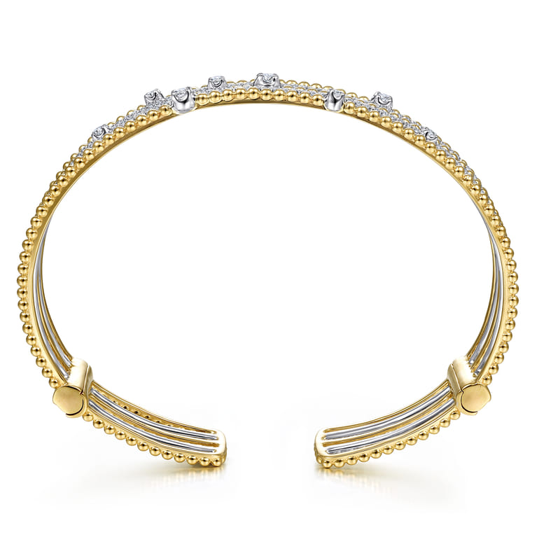 14K White and Yellow Gold Wide Multi Row Diamond Cuff Bracelet - Shot 3