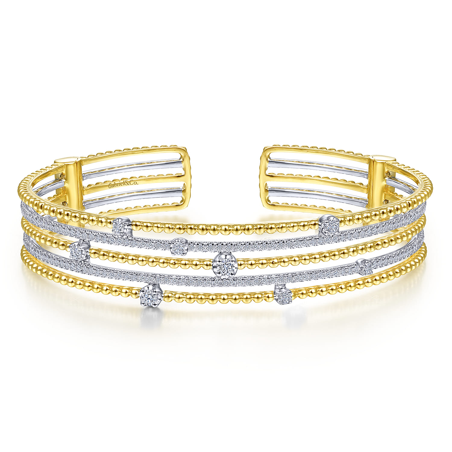 14K White and Yellow Gold Wide Multi Row Diamond Cuff Bracelet - 1 ct - Shot 1