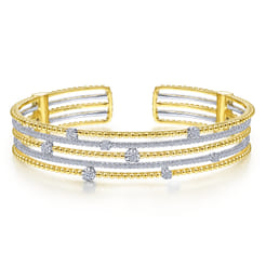 14K White and Yellow Gold Wide Multi Row Diamond Cuff Bracelet