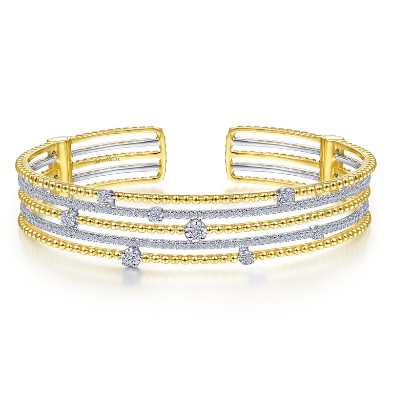 14K White and Yellow Gold Wide Multi Row Diamond Cuff Bracelet - 1 ct - Shot 1