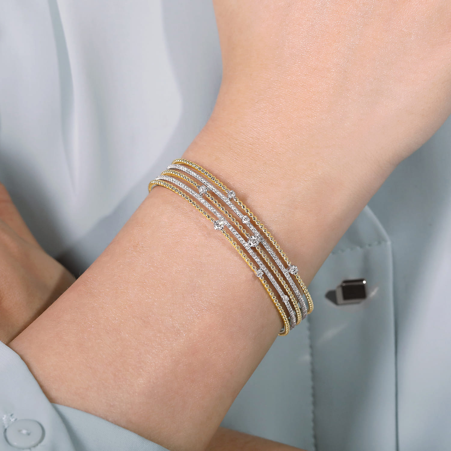 14K White and Yellow Gold Wide Multi Row Diamond Cuff Bracelet - 1 ct - Shot 4