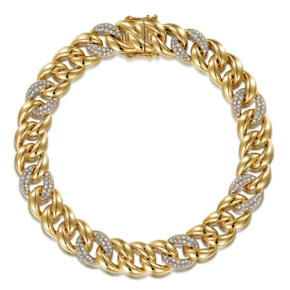 14K Yellow Gold 10mm Hollow Cuban Link Diamond Tennis Bracelet
