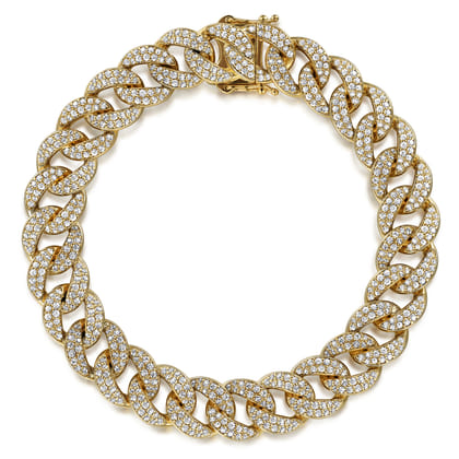 14K Yellow Gold 10mm Hollow Cuban Link Pave Diamond Tennis Bracelet