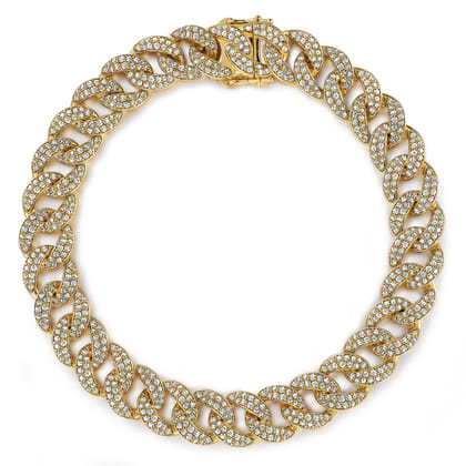 14K Yellow Gold 10mm Hollow Cuban Link Pave Diamond Tennis Bracelet