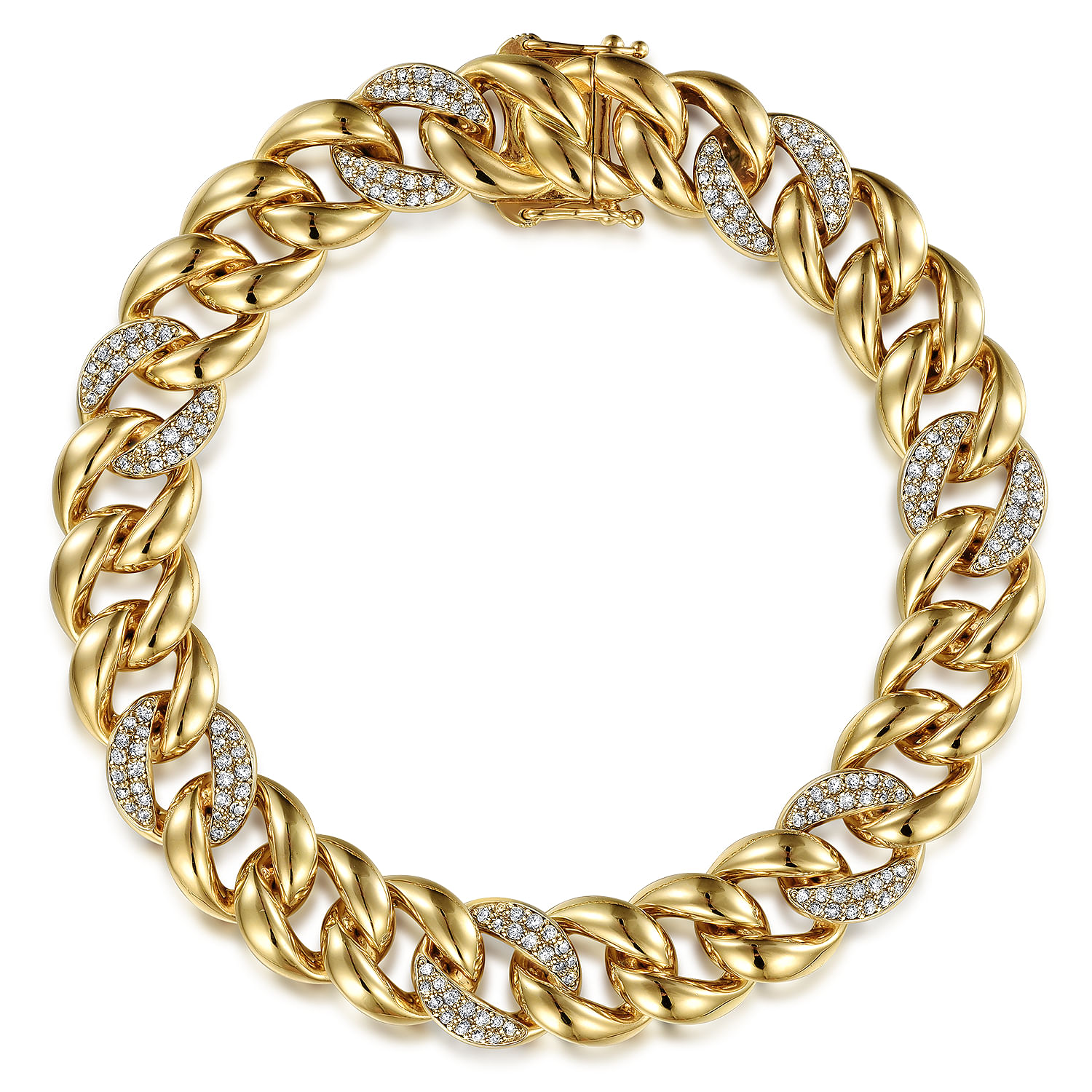 14K Yellow Gold 10mm Hollow Cuban Link Tennis Bracelet with Pave Diamond Stations