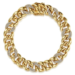 14K Yellow Gold 10mm Hollow Cuban Link Tennis Bracelet with Pave Diamond Stations