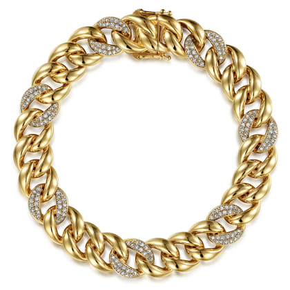 14K Yellow Gold 10mm Hollow Cuban Link Tennis Bracelet with Pave Diamond Stations