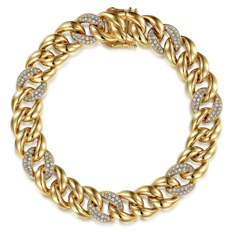 14K Yellow Gold 10mm Hollow Cuban Link Tennis Bracelet with Pave Diamond Stations - 1.05 ct - Shot 1