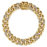 14K Yellow Gold 10mm Hollow Cuban Link Tennis Bracelet with Pave Diamond Stations - 1.05 ct