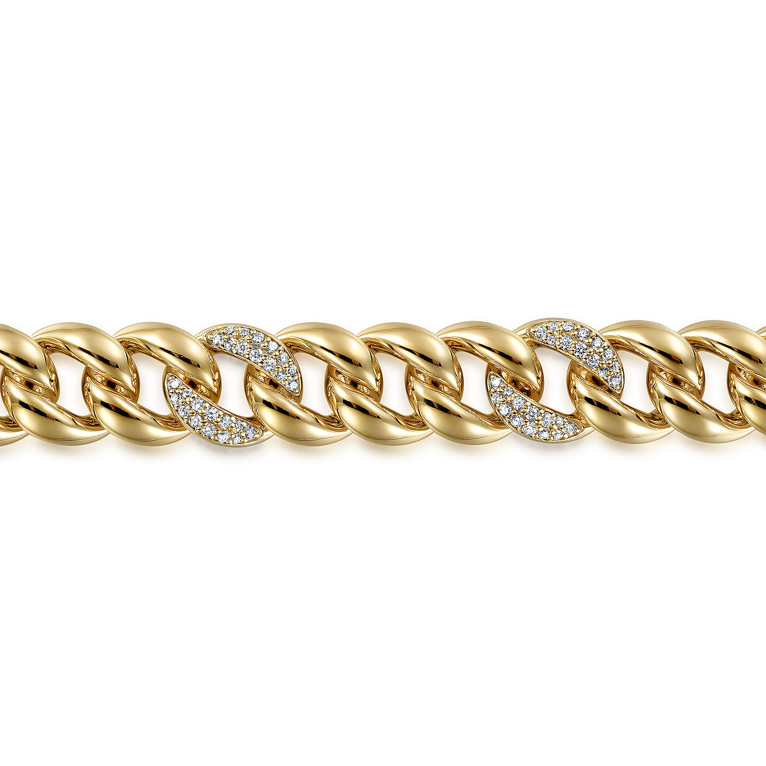 14K Yellow Gold 10mm Hollow Cuban Link Tennis Bracelet with Pave Diamond Stations