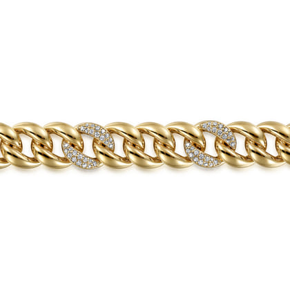 14K Yellow Gold 10mm Hollow Cuban Link Tennis Bracelet with Pave Diamond Stations