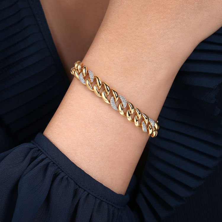 14K Yellow Gold 10mm Hollow Cuban Link Tennis Bracelet with Pave Diamond Stations