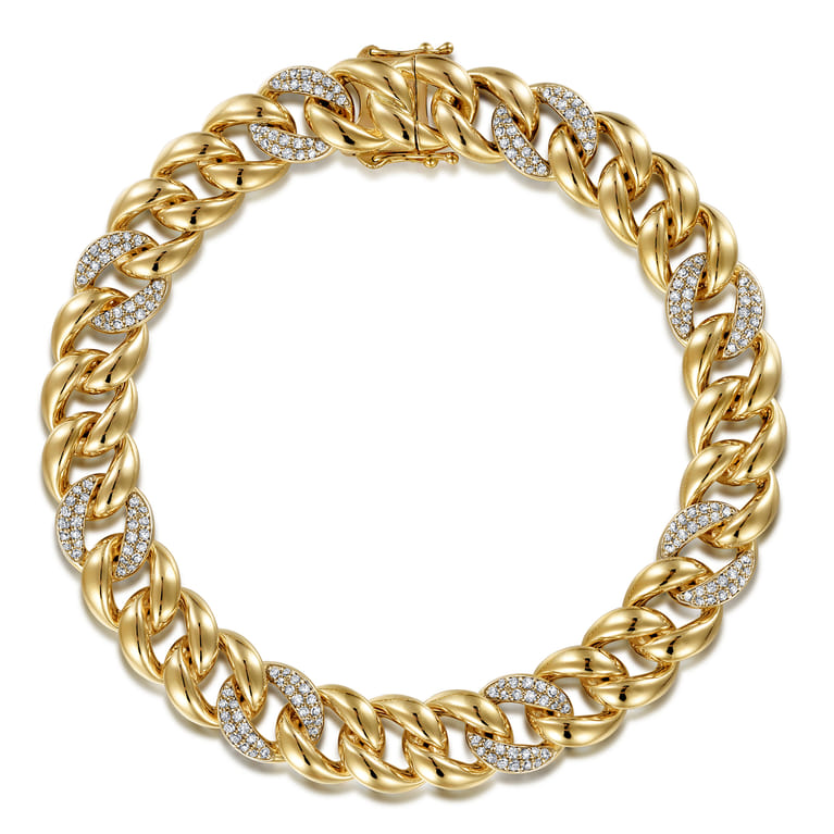14K Yellow Gold 10mm Width Classic Diamond Men's Cuban Bracelet - 1.2 ct - Shot 1