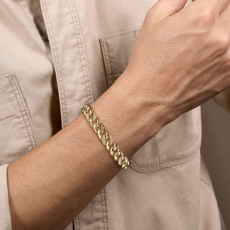 14K Yellow Gold 10mm Width Classic Diamond Men's Cuban Bracelet - 1.2 ct - Shot 4