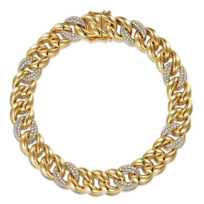 14K Yellow Gold 10mm Width Classic Diamond Men's Mix Cuban Bracelet