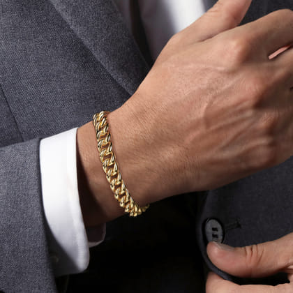 14K Yellow Gold 10mm Width Classic Plain Men's Mix Cuban Bracelet