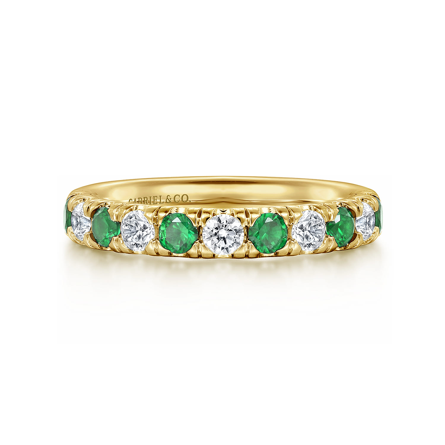 Straight Wedding Ring in 14k Yellow Gold with Round Emerald at Gabriel & Co. - Shot 1