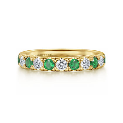 14K Yellow Gold 11 Stone Diamond and Emerald Anniversary Band