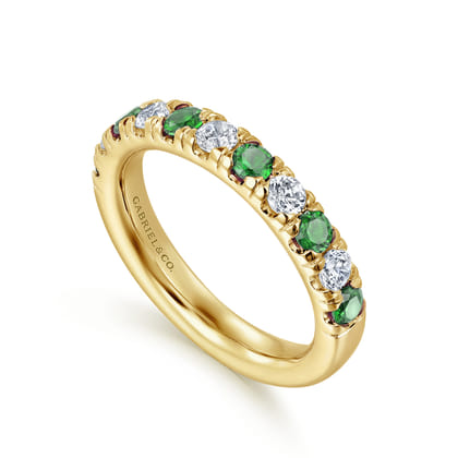 14K Yellow Gold 11 Stone Diamond and Emerald Anniversary Band